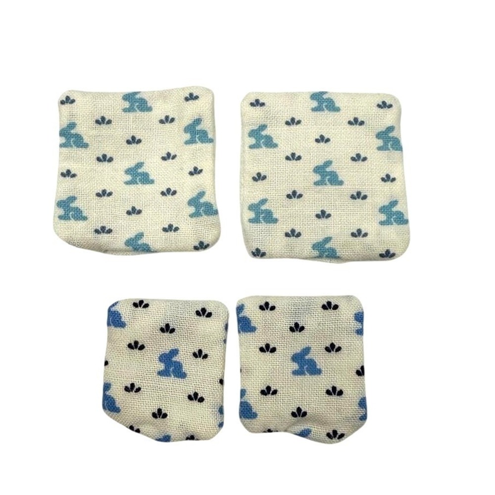 4pc Miniature Dollhouse Pillows Blue Bunny Rabbit Print Cream Handmade 1:12